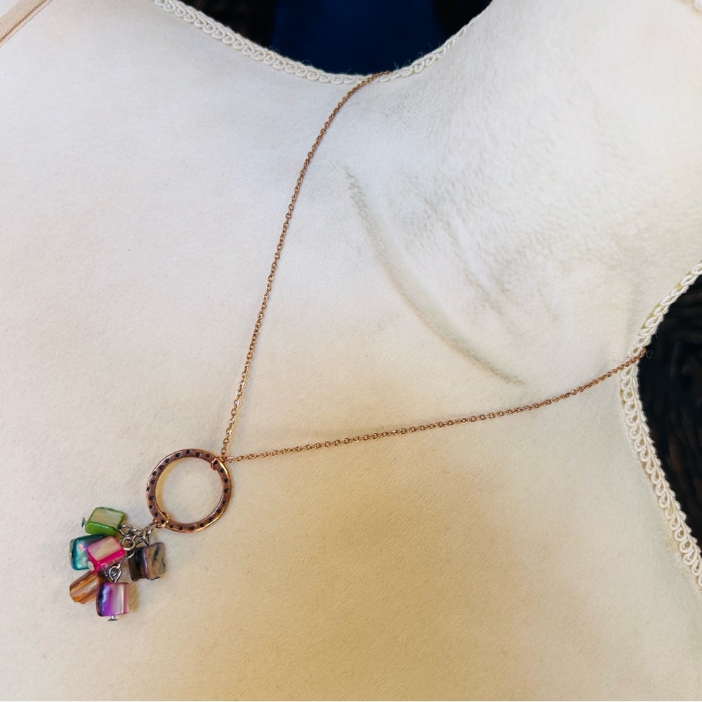 Handcrafted salvaged copper ring dyed shell dangle pendant on chain necklace